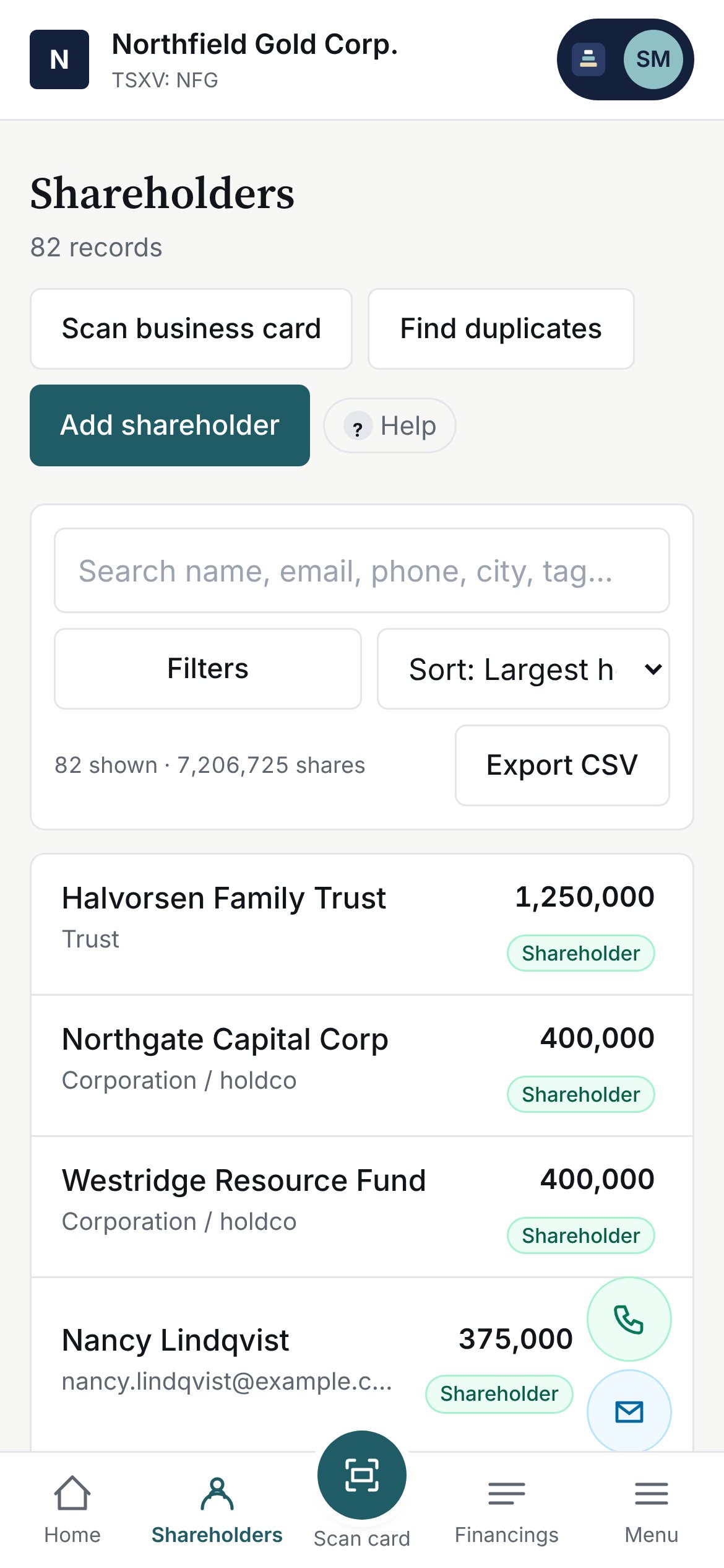 The shareholder list on a phone